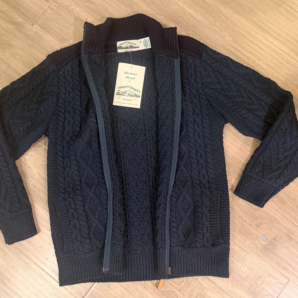 Aran Crafts Medium Men’s Blue Zip-Up Sweater - Picture 2 of 4